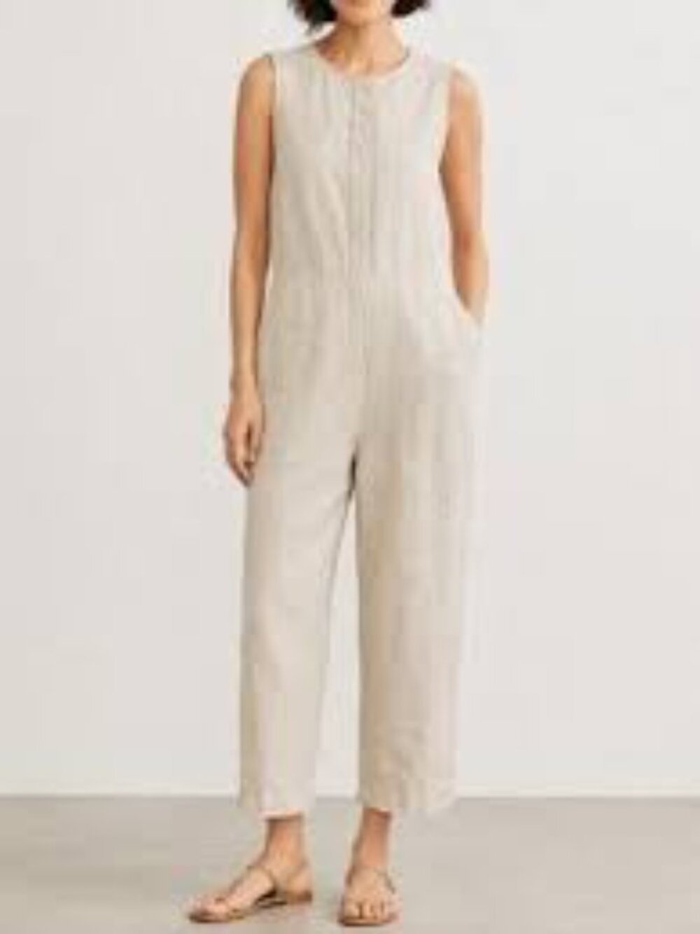 Eileen Fisher Sleeveless Linen Jumpsuit in Light Beige